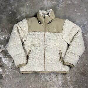 The North Face Nuptse Sherpa Puffer Jacket Size Small Beige Full Zip Deep Pile